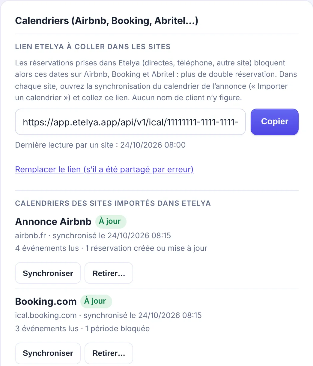 Carte Calendriers d’une chambre dans Etelya : lien Etelya à coller dans les annonces et calendriers Airbnb et Booking.com importés, à jour