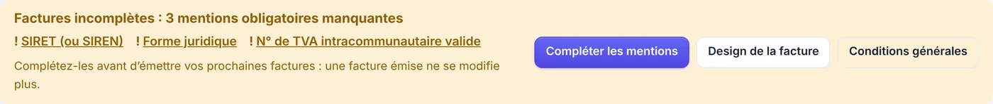 Encart de la page Facturation d’Etelya : trois mentions obligatoires manquantes, chacune avec un lien vers le champ à compléter