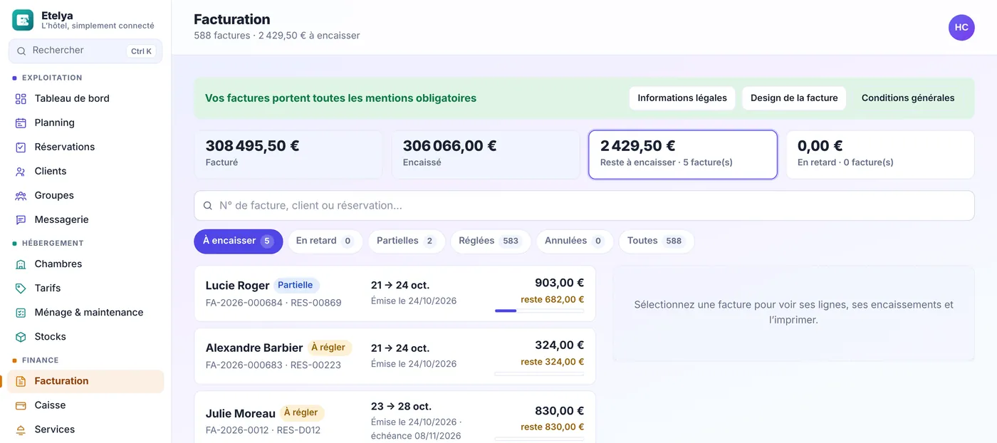Liste des factures d’Etelya avec les montants facturé, encaissé, reste à encaisser et en retard, et les factures à régler ou partiellement réglées