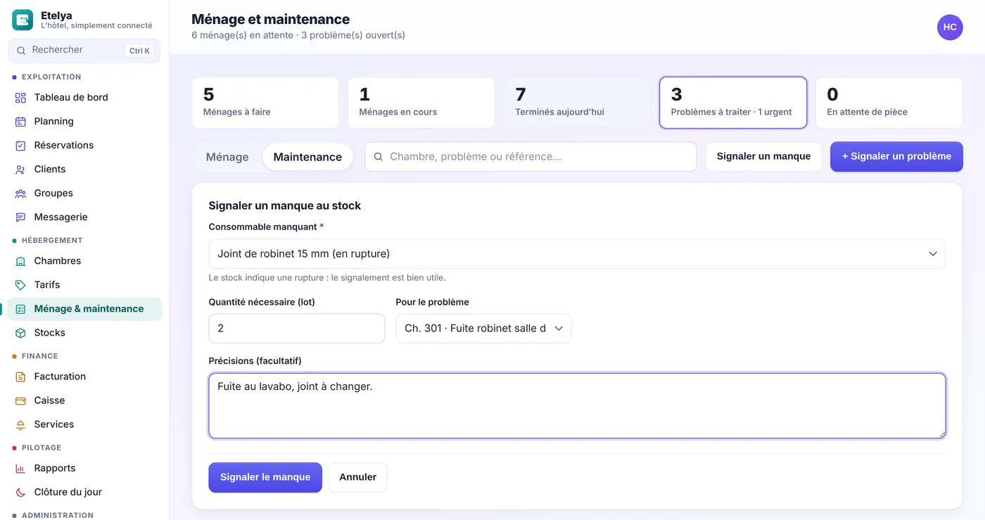 Formulaire Signaler un manque au stock dans l’onglet Maintenance d’Etelya : consommable manquant, quantité nécessaire, problème concerné et précisions