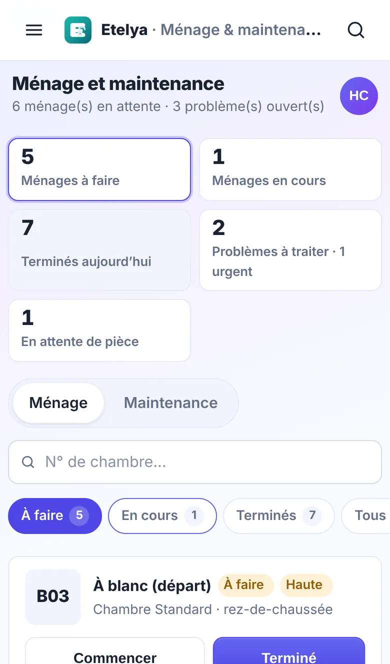 Écran Ménage d’Etelya sur un téléphone : compteurs du jour et chambre à blanc avec les boutons Commencer et Terminé