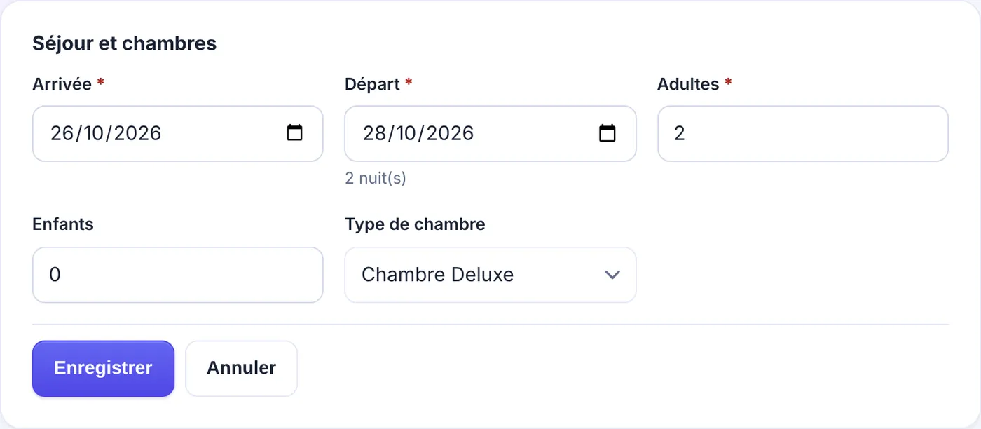 Modification d’un séjour à venir dans Etelya : dates d’arrivée et de départ, adultes, enfants et type de chambre
