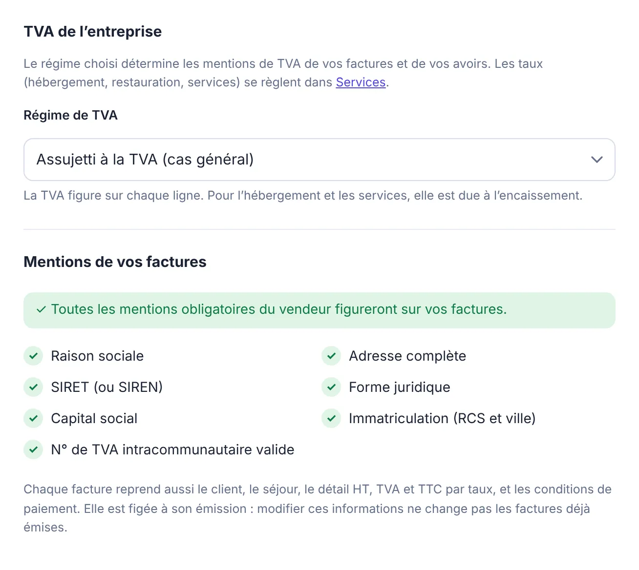 Paramètres Établissement d’Etelya : régime de TVA de l’entreprise et liste des mentions de vos factures, toutes cochées