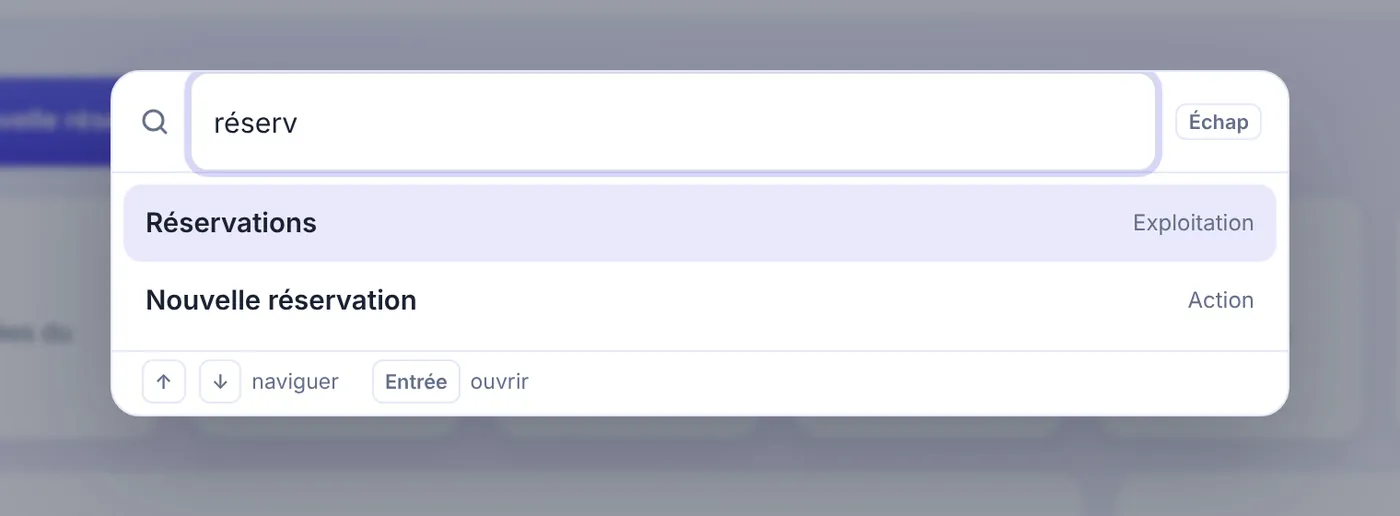 Recherche rapide d’Etelya ouverte par Ctrl K : le mot « réserv » saisi propose l’écran Réservations et l’action Nouvelle réservation