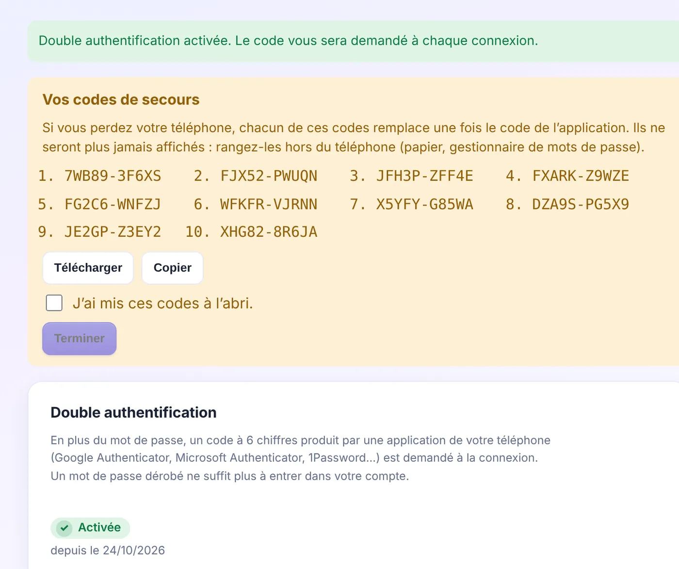 Encart Vos codes de secours dans Etelya : dix codes à usage unique, boutons Télécharger et Copier, case J’ai mis ces codes à l’abri