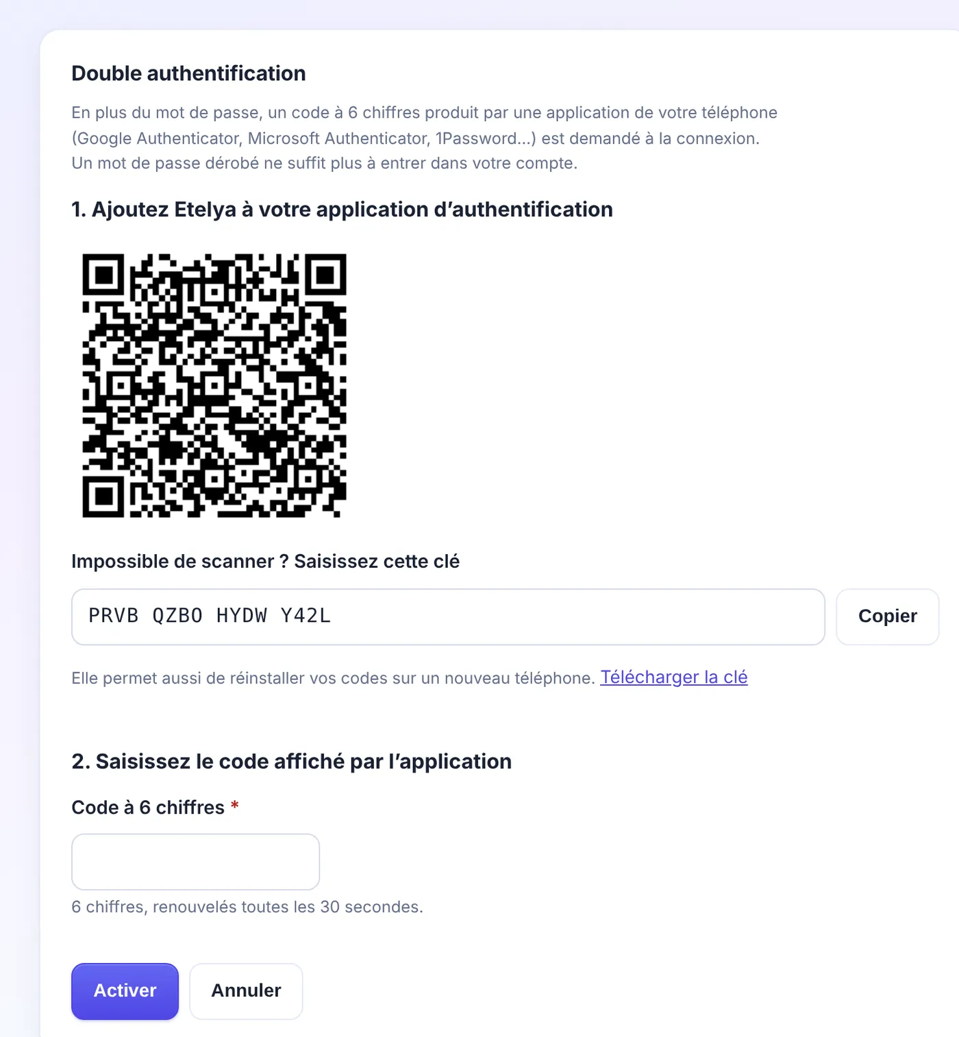 Page Sécurité du compte d’Etelya : QR code à scanner avec l’application d’authentification, clé à saisir à la main et champ du code à 6 chiffres